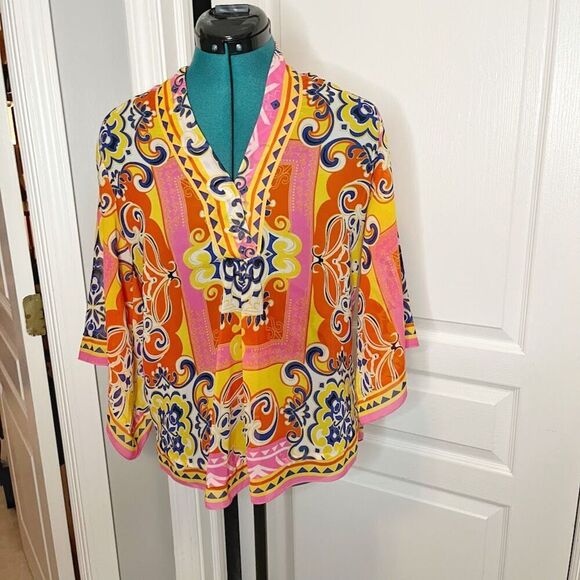 Carmen Marc Valvo Sheer See Thru Lightweight Kimono Paisley Boho Colorful Blouse - Picture 2 of 11